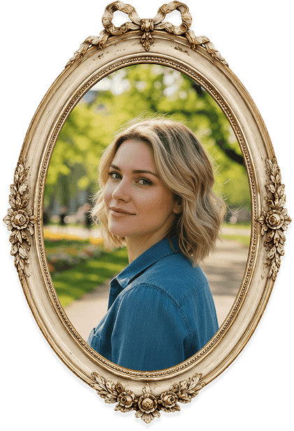 A woman in an oval ribboned frame