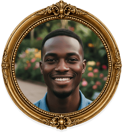 A smiling man in a circular gilded frame