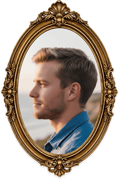 Side profile of a man in an oval gilded frame